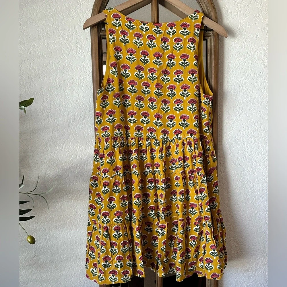 Sincerely Jules Mustard Floral Tiered Mini Dress L Boho Anthro Style Block Print - Picture 2 of 8